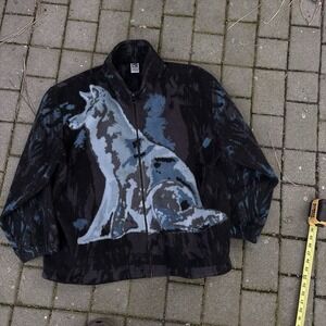 VINTAGE Wolf Fleece Jacket Black White XXL VTG 90s Nature AOP Wolves USA